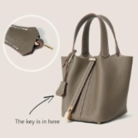 Genuine Leather Bucket Bag with Lock Design, Shoulder Satchel Handbag - Picture 6 of 7